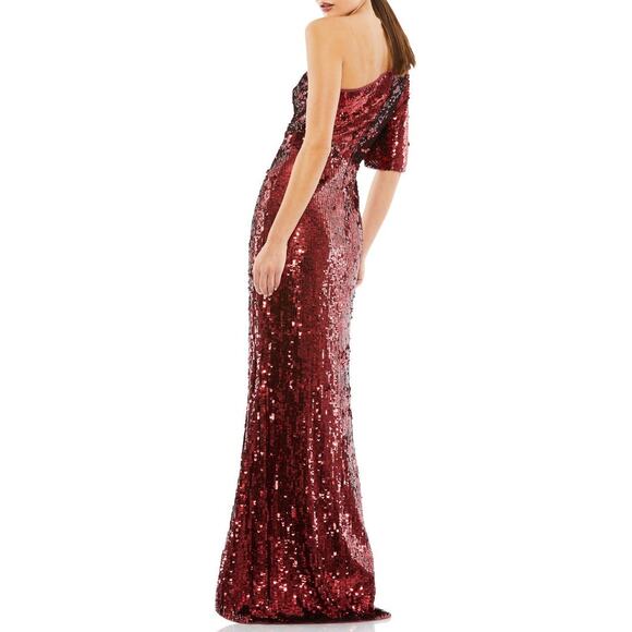 Mac Duggal Burgundy Red Sequined One-Shoulder Slit Column Formal Gown Sz 14 NWT - Picture 2 of 8